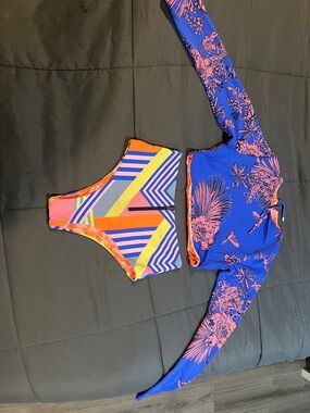 Vibrant Blue & Neon Floral Two-Piece Swimsuit Set